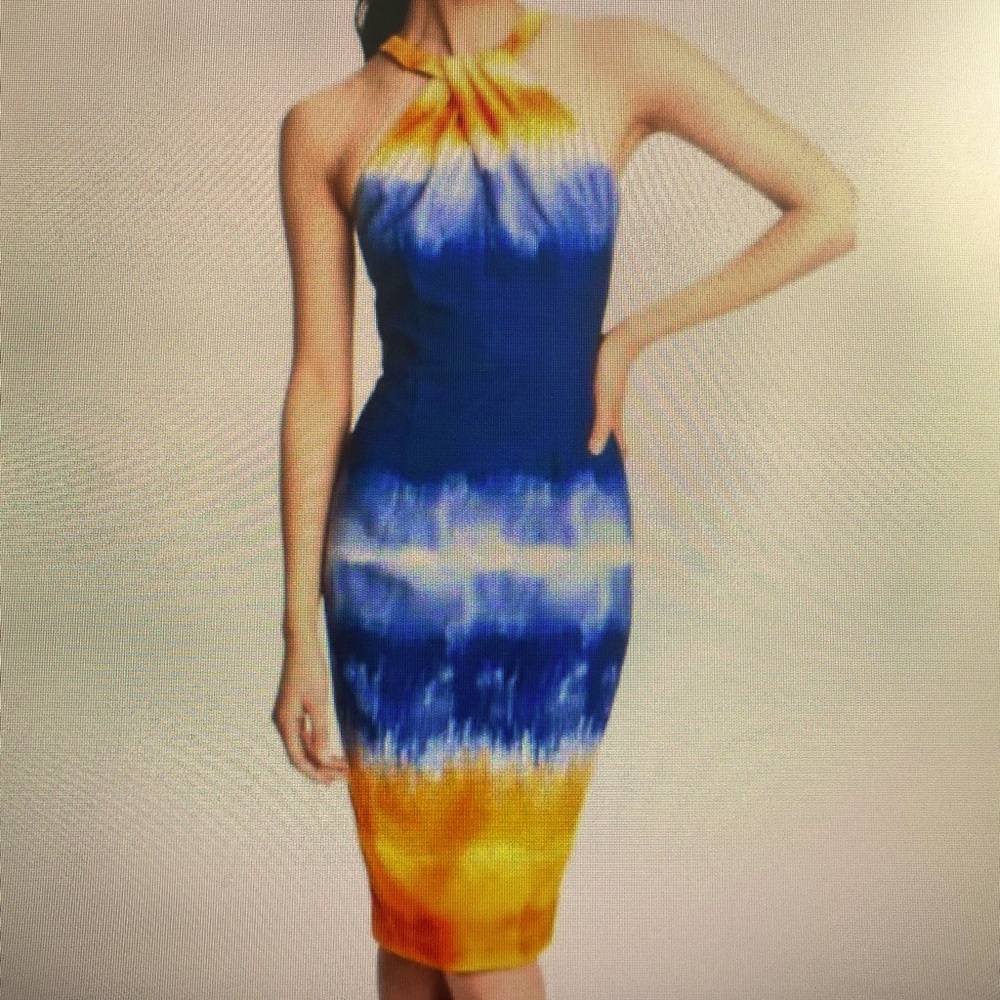 H&M Yellow, Blue, & White Ombre Halter Midi Dress with Keyhole. Size 6.